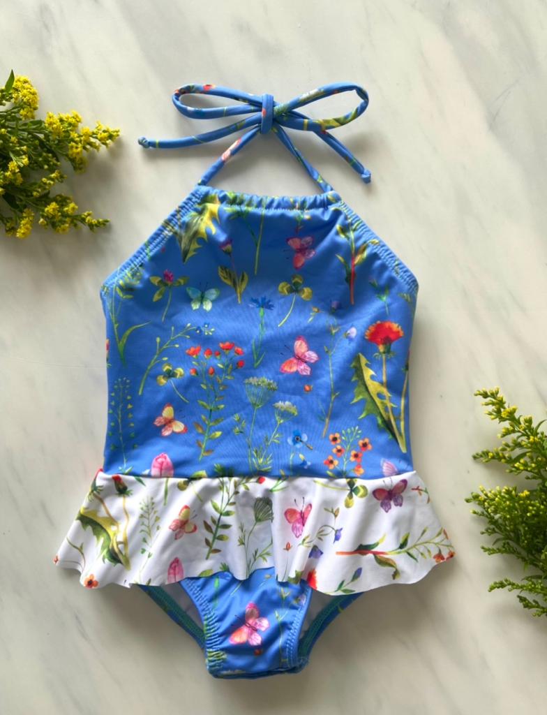Traje  de baño niña lila con flores